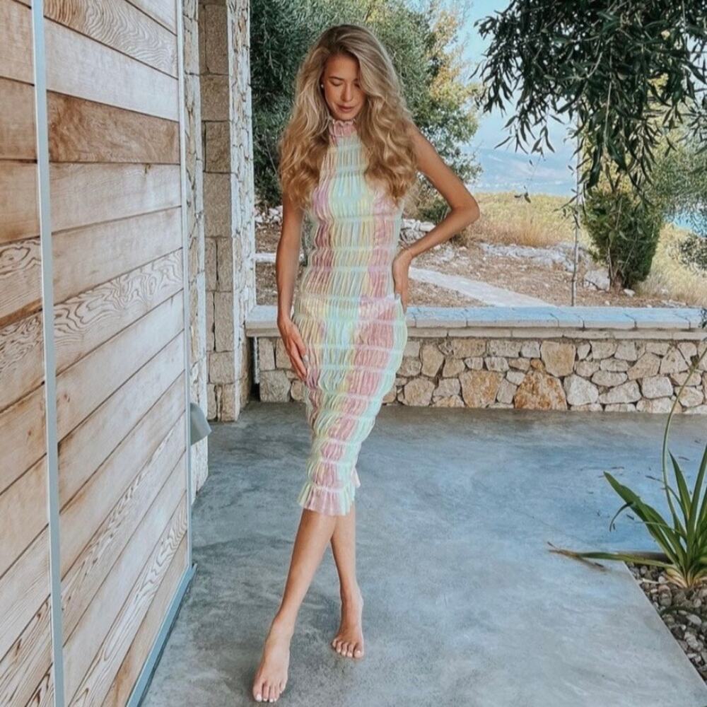 Roberta Einer Rainbow Bodycon Midi Dress Pastel Sheer Medium Large 10 - Picture 16 of 16